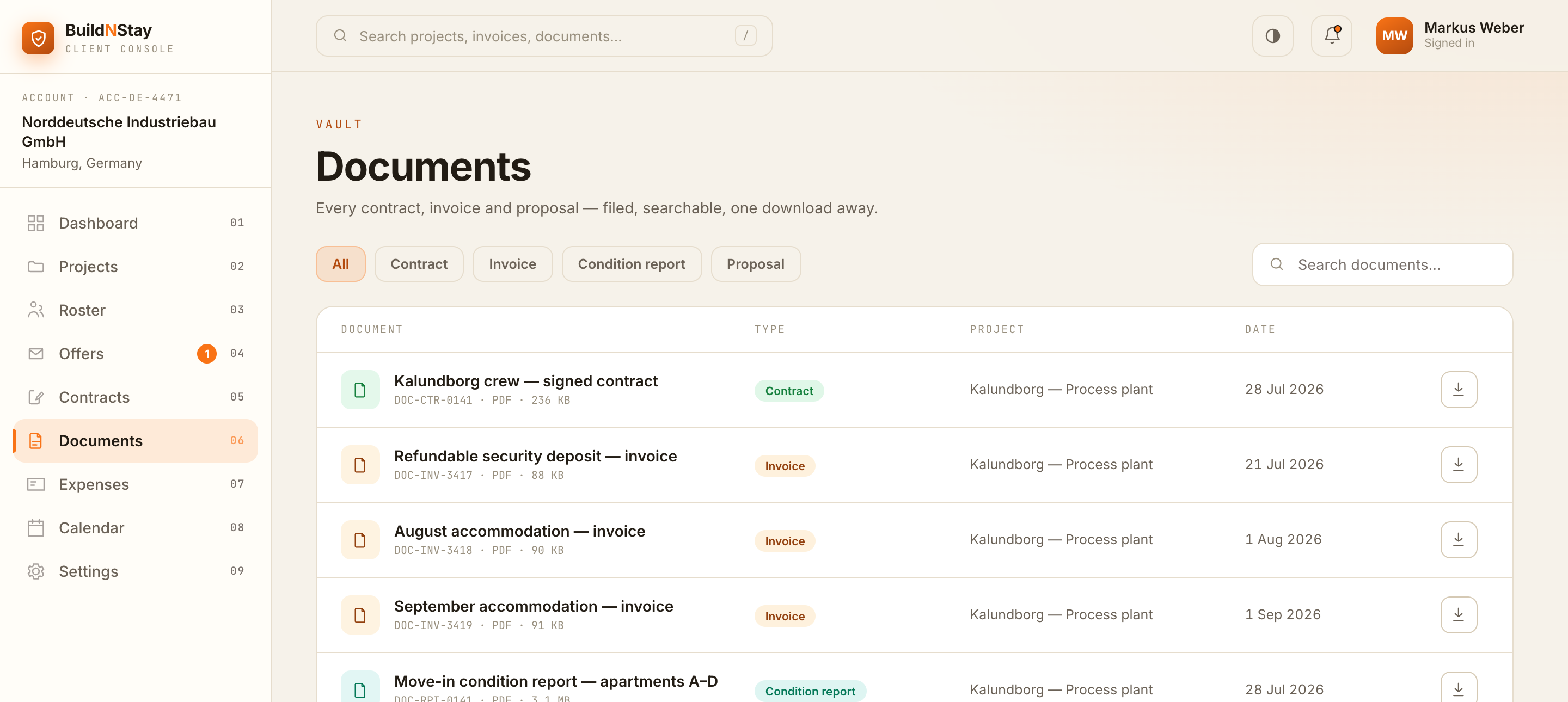 Your portal: the Documents view, with contracts, invoices, condition reports and proposals in one list